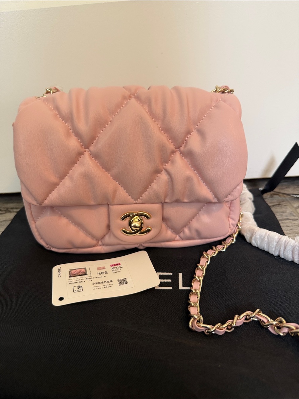 Blush Pink Quilted Lambskin feel Crossbody Bag with Gold Chain